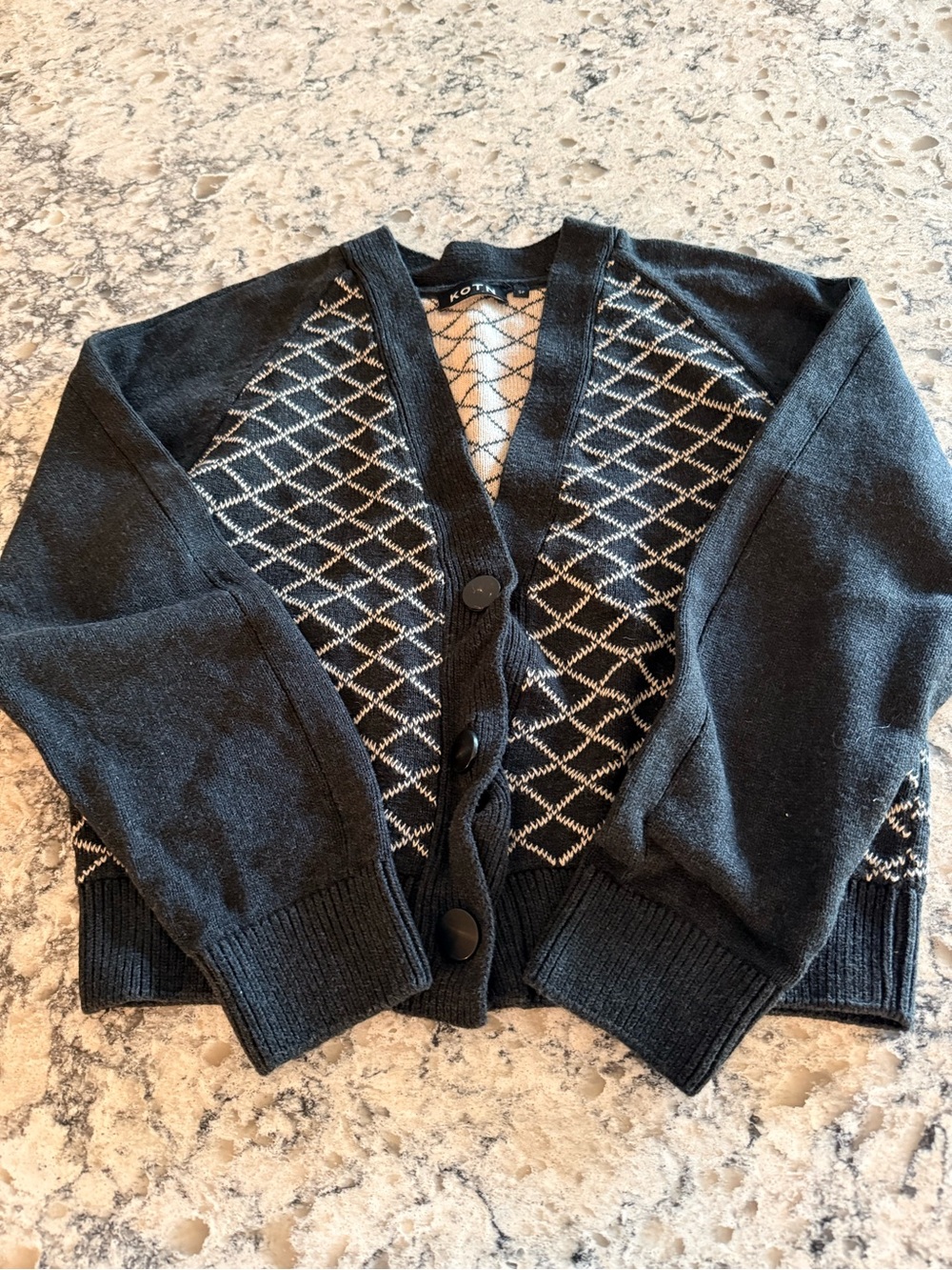 Kotn Black Diamond-Pattern Button Cardigan Sweater